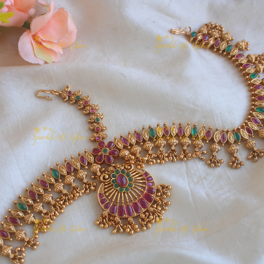 Grand intricate Floral half moon kemp stone three side bridal maang tikka