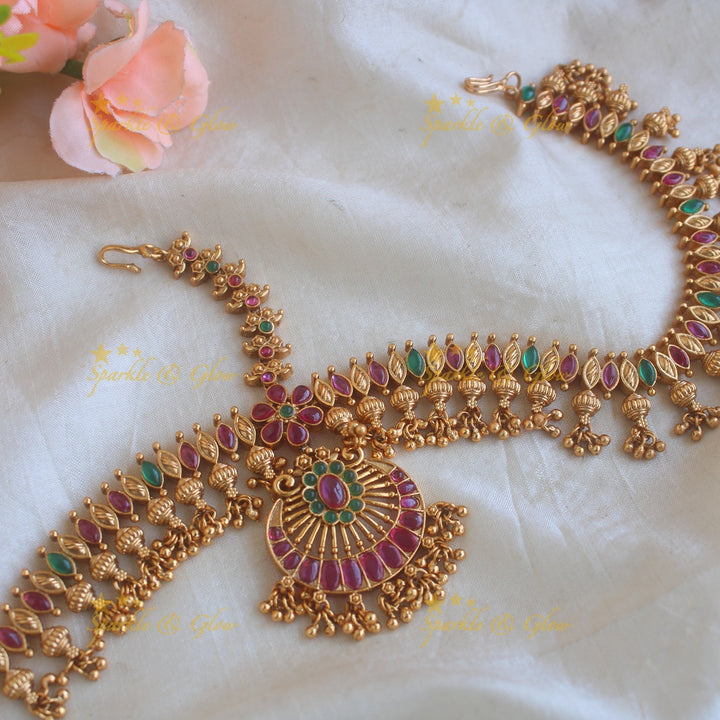 Grand intricate Floral half moon kemp stone three side bridal maang tikka