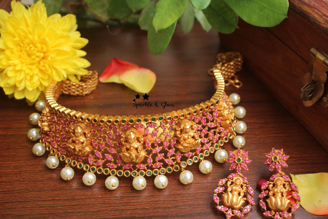 Premium quality Lakshmi high neck choker with AD stones - White - Sparkle and Glow