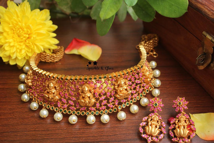 Premium quality Lakshmi high neck choker with AD stones - White - Sparkle and Glow