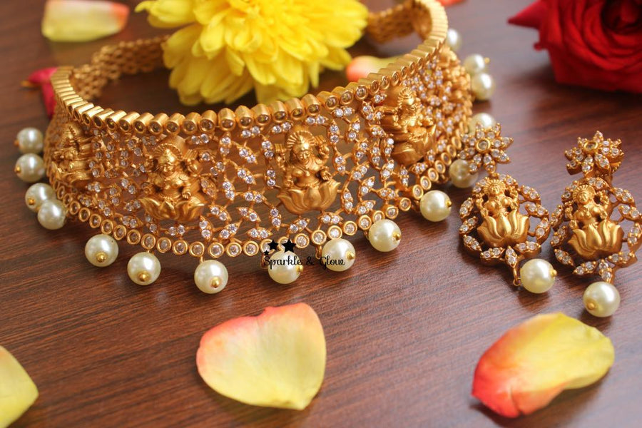 Premium quality Lakshmi high neck choker with AD stones - White - Sparkle and Glow
