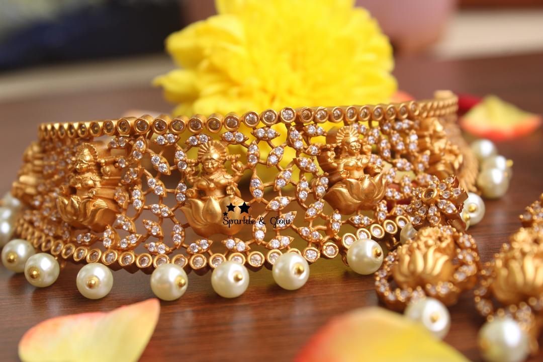 Premium quality Lakshmi high neck choker with AD stones - White - Sparkle and Glow