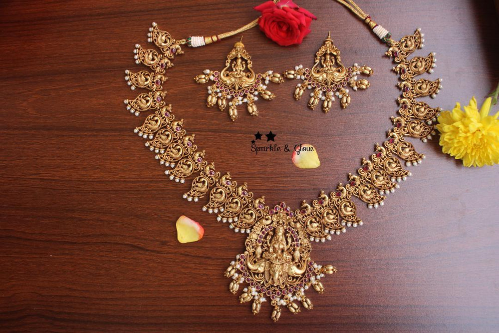 Gold alike antique polished mango design lakshmi haram- Pink - Sparkle and Glow