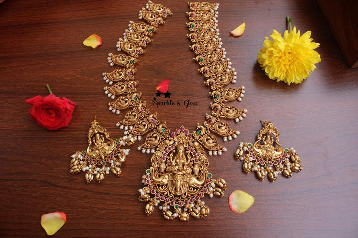 Gold alike antique polished mango design lakshmi haram- Pink - Sparkle and Glow