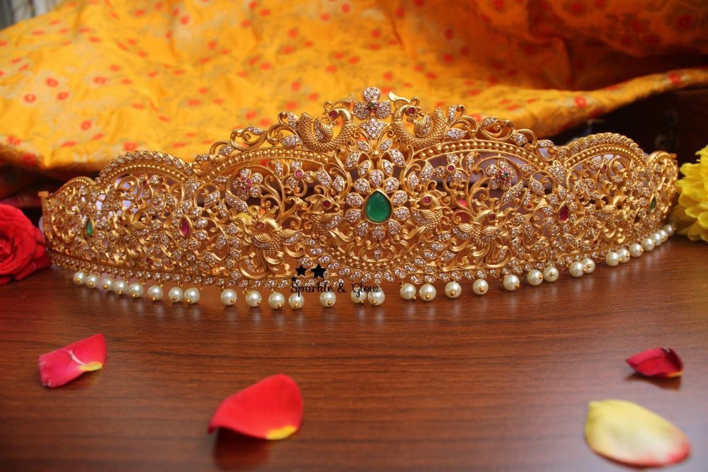 Premium quality matte cz stones peacock carved hipbelt - Sparkle and Glow