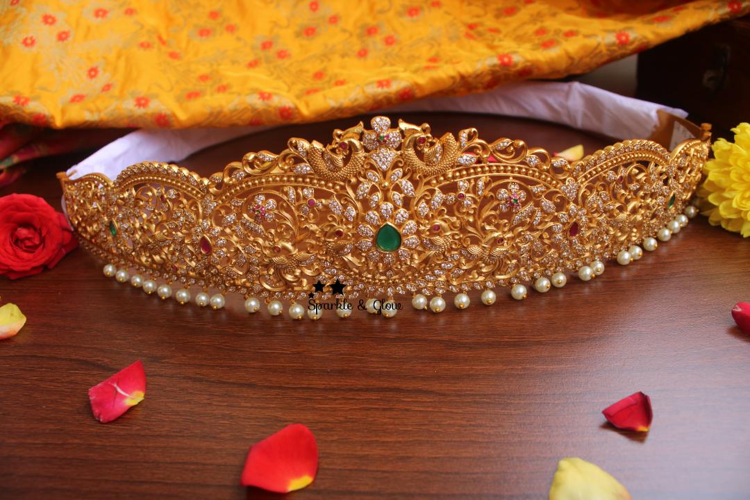 Premium quality matte cz stones peacock carved hipbelt