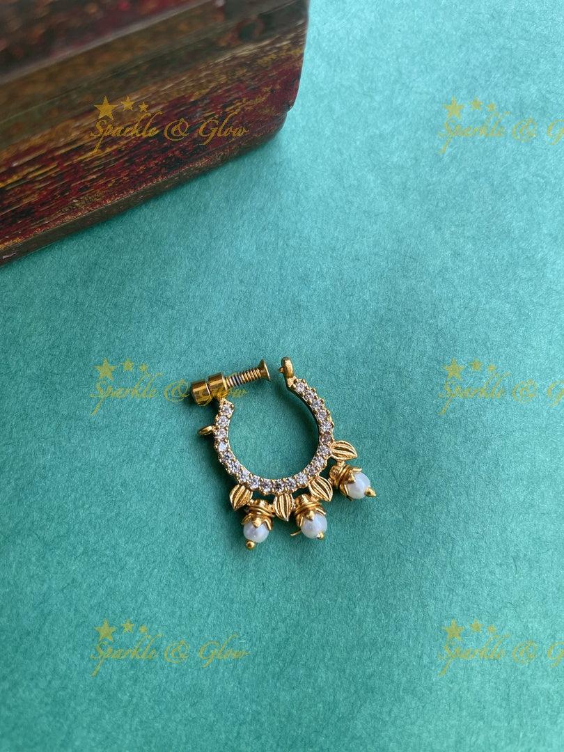 Gold AD Screw type nosepin - White - Sparkle and Glow