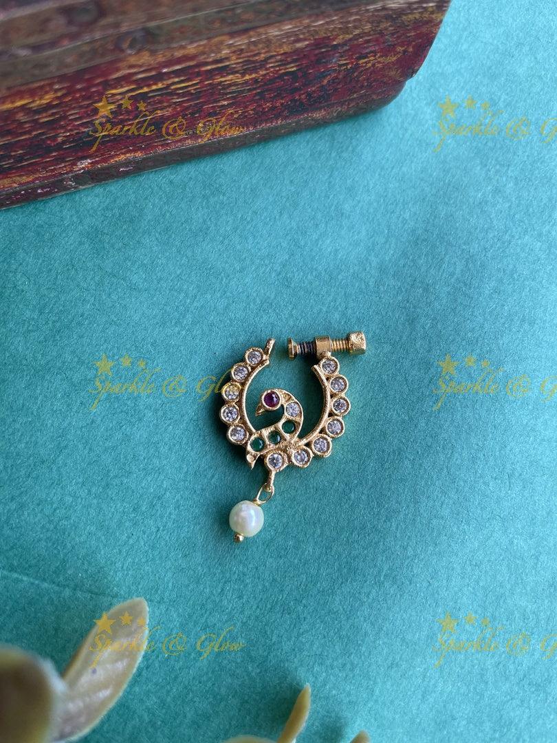 Gold Peacock AD Screw type nosepin Multi - Sparkle and Glow