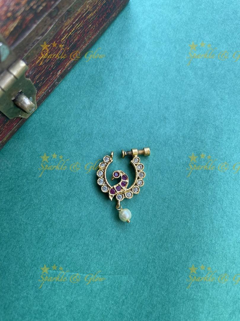 Gold Peacock AD Screw type nosepin Multi - Sparkle and Glow