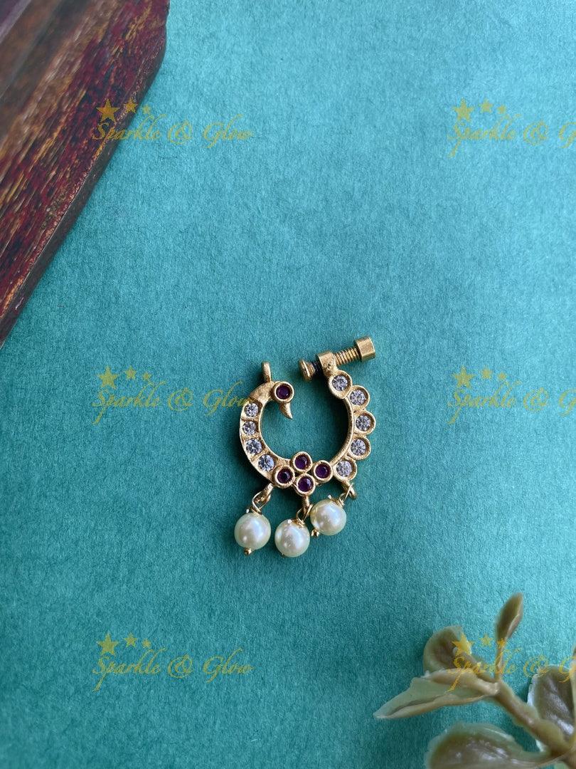 Gold Peacock AD Screw type nosepin White Pink - Sparkle and Glow