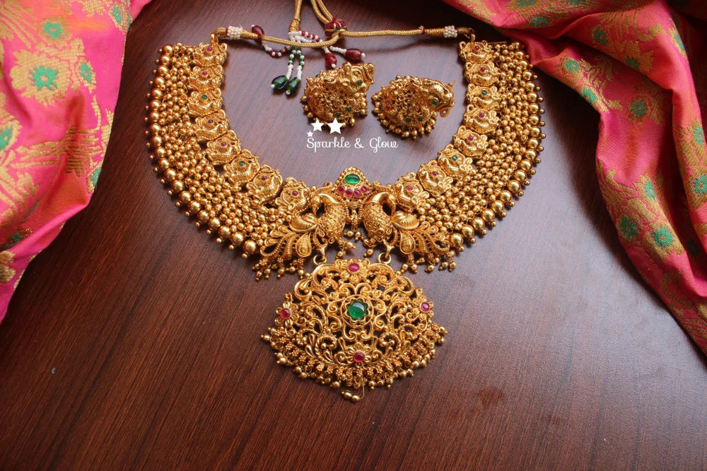Gold alike antique polish pearl cluster peacock necklace - Pearl Multi - Sparkle and Glow