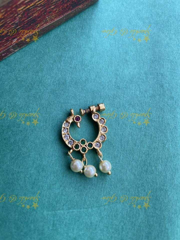Gold Peacock AD Screw type nosepin  White