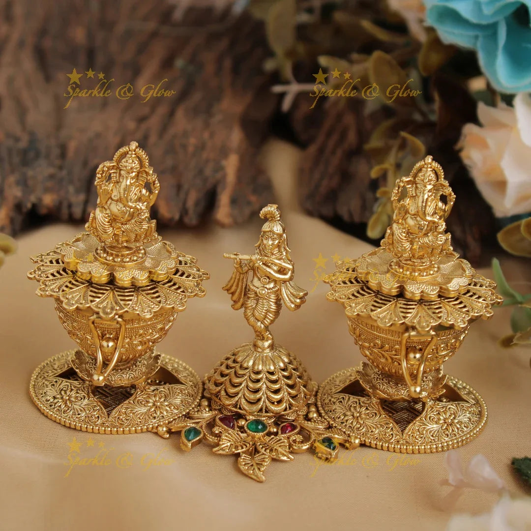 Gold alike Krishna and Ganesha design Kumkum box - Sparkle and Glow