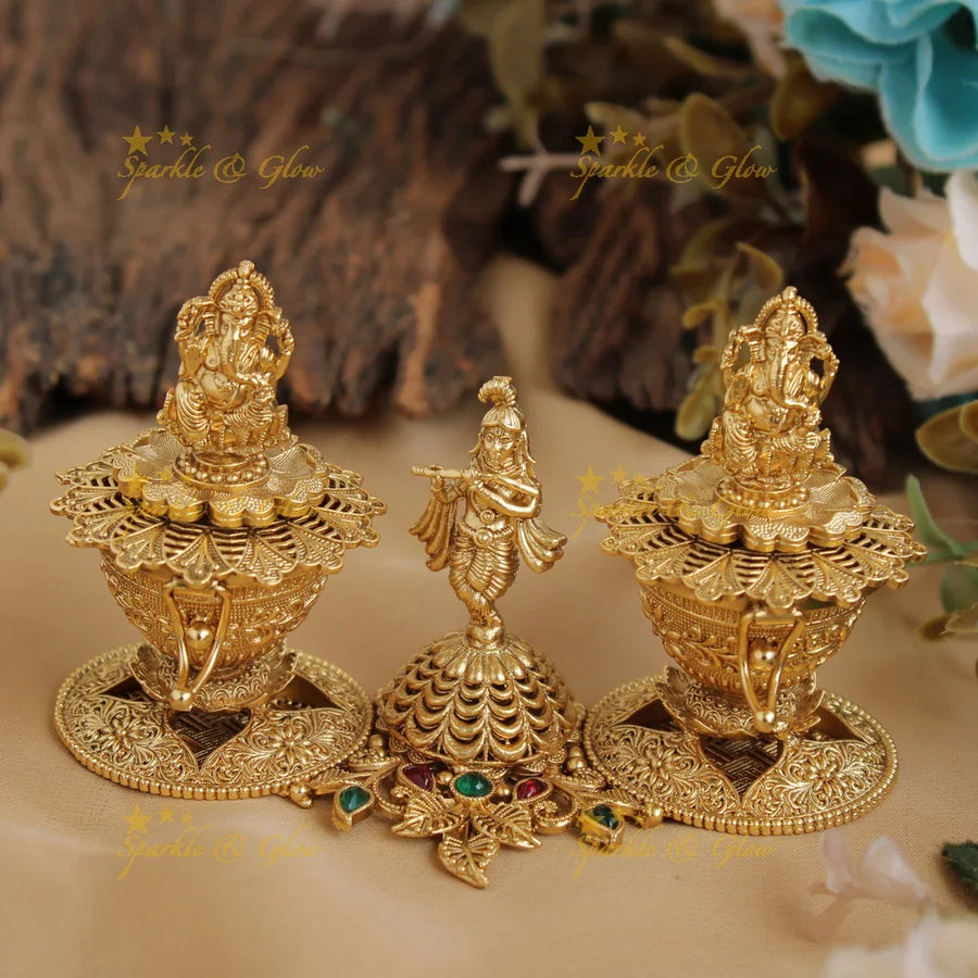 Gold alike Krishna and Ganesha design Kumkum box - Sparkle and Glow