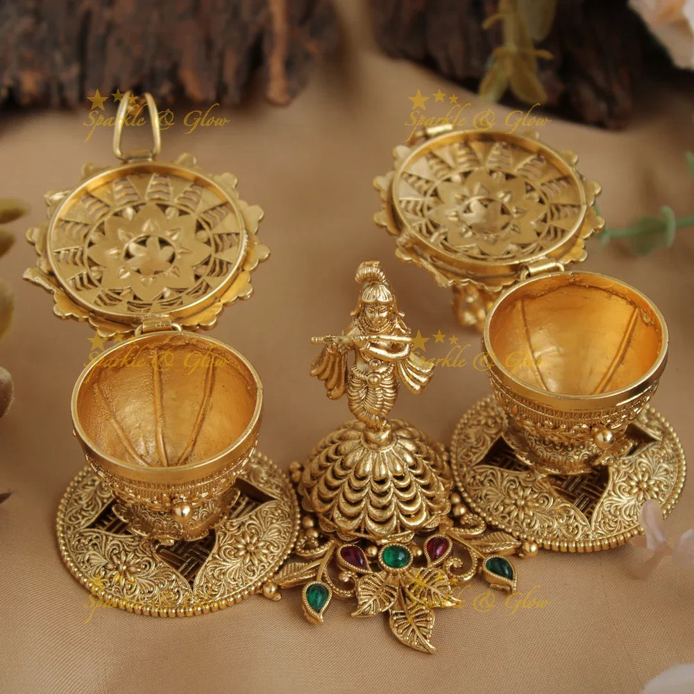 Gold alike Krishna and Ganesha design Kumkum box - Sparkle and Glow
