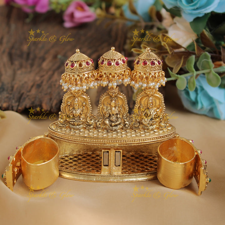 Gold alike Lakshmi and Ganesha and Sarawati design Kumkum box