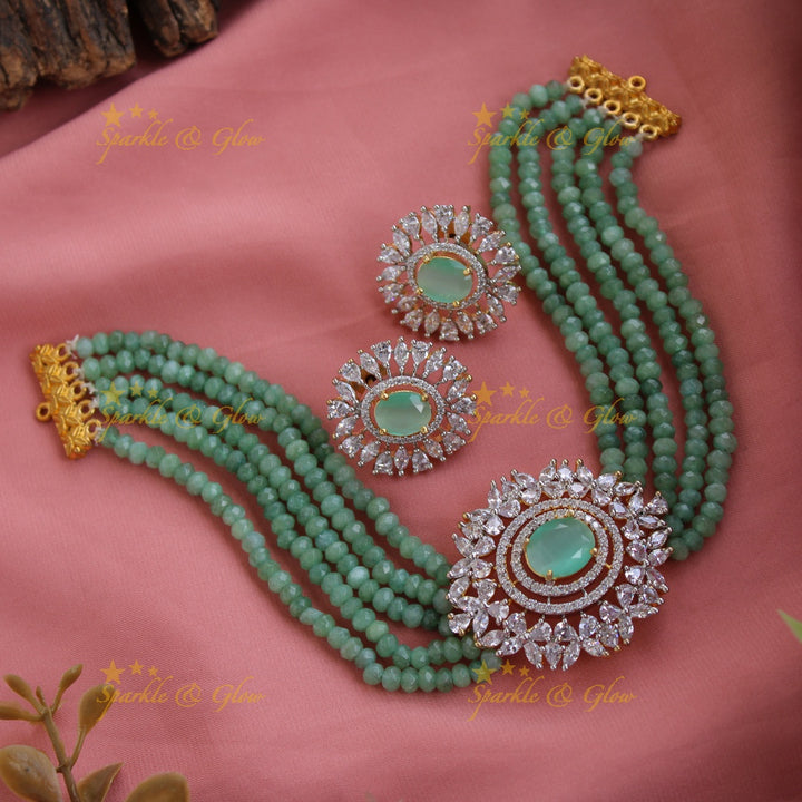 Elegant floral pendent AD choker with multi layer beads - pink