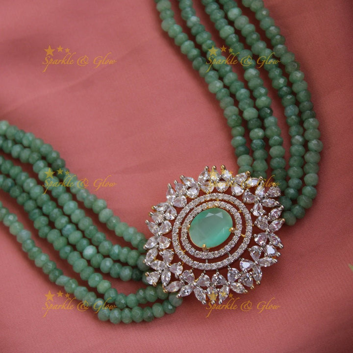 Elegant floral pendent AD choker with multi layer beads - Sparkle and Glow - Back Thread - 