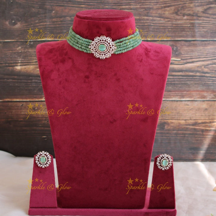 Elegant floral pendent AD choker with multi layer beads - Sparkle and Glow - Back Thread - 