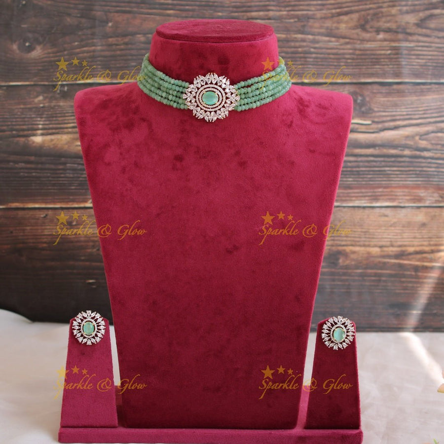 Elegant floral pendent AD choker with multi layer beads - Sparkle and Glow - Back Thread - 