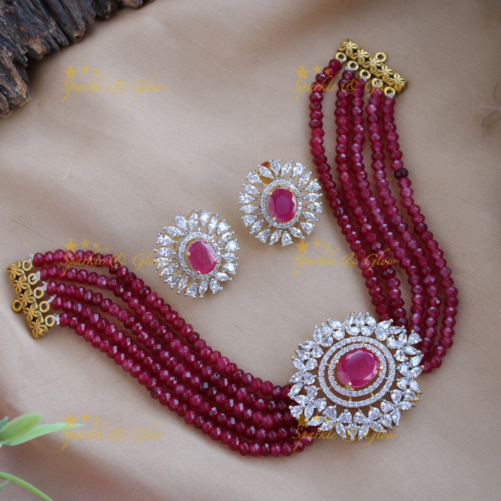 Elegant floral pendent AD choker with multi layer beads - pink
