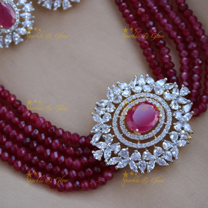 Elegant floral pendent AD choker with multi layer beads - pink