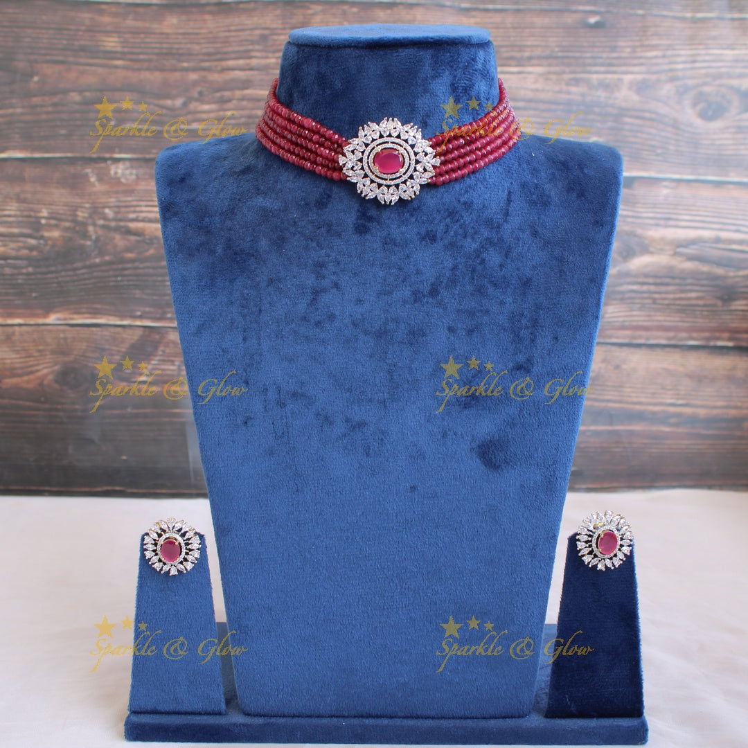 Elegant floral pendent AD choker with multi layer beads - pink