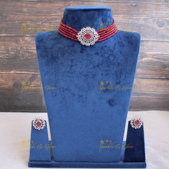 Elegant floral pendent AD choker with multi layer beads - pink
