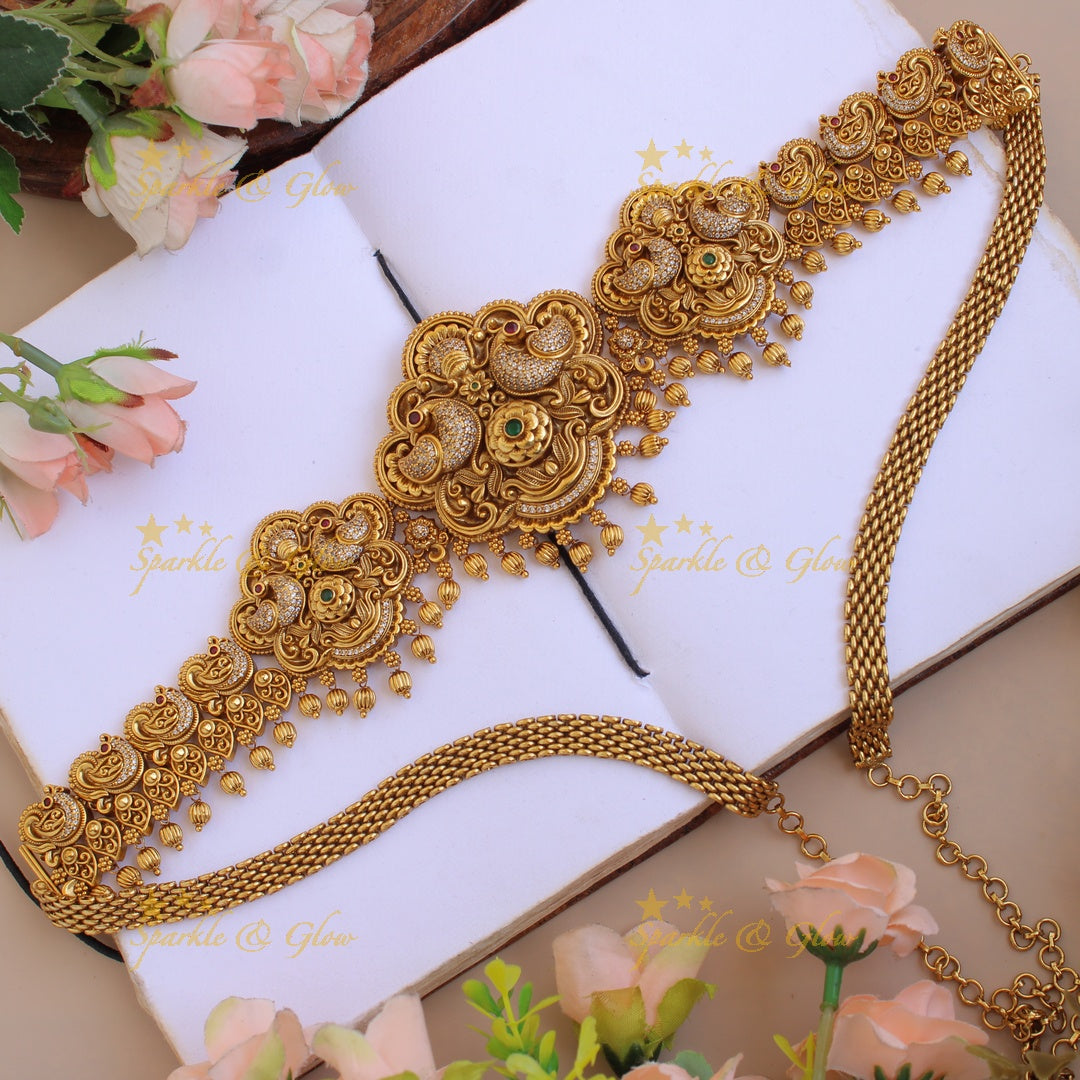 Beautiful Peacock mango carved hipchain with cz stones and gold beads
