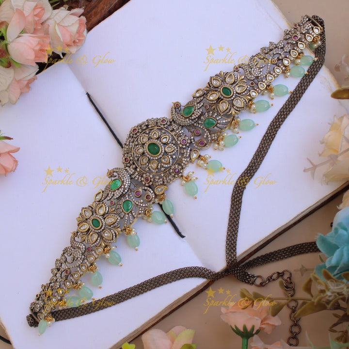 Stunning Peacock floral black finish Victorian AD hipchain with ruby emerald and green beads
