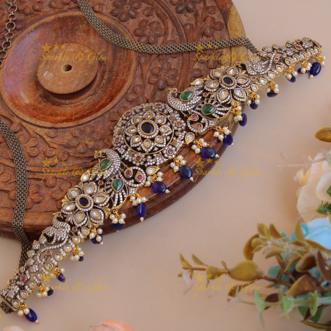 Stunning Peacock floral black finish Victorian AD hipchain with ruby emerald and blue beads
