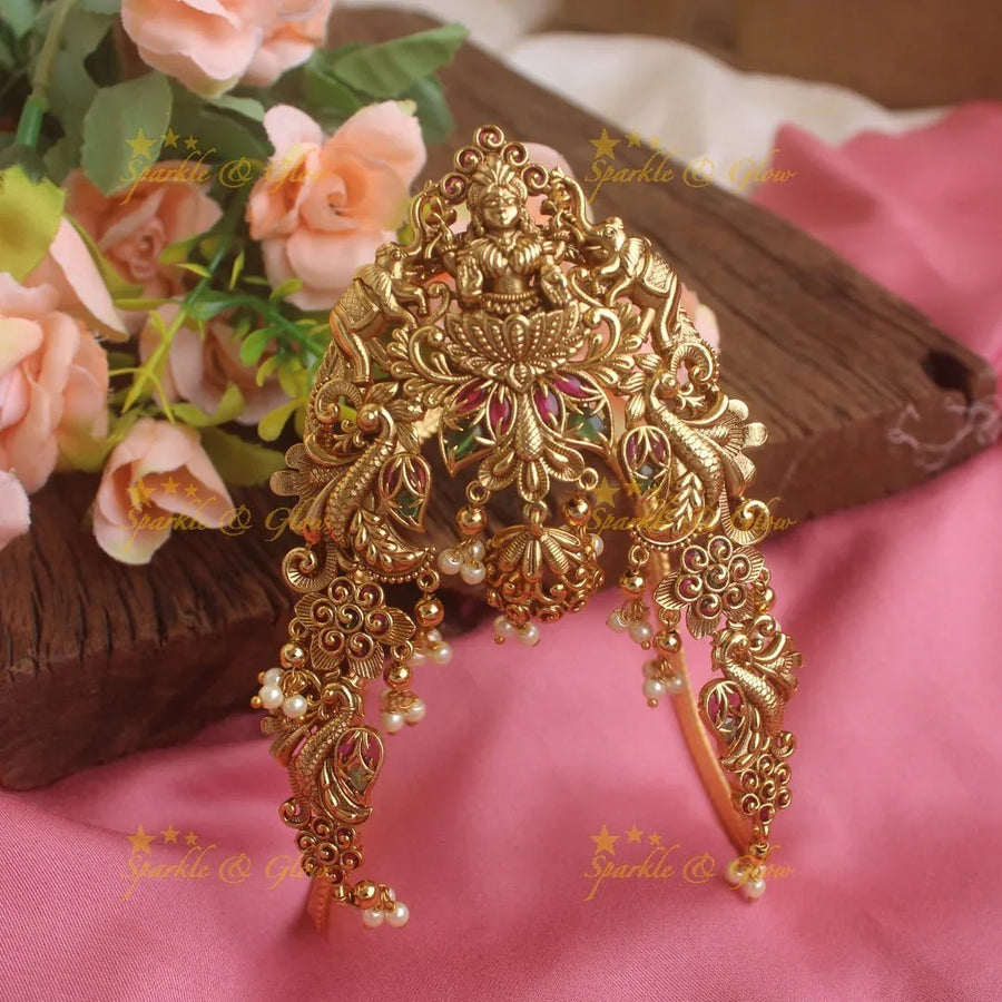 Gorgeous Gold alike lakshmi peacock carved U shapped vanki with multi colour stones,Single pc - Sparkle and Glow