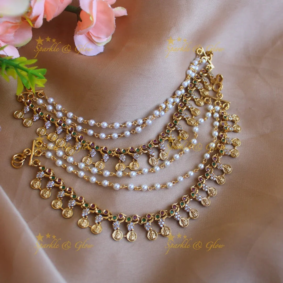 Beautiful Gold alike Multicolour AD stones with Lakshmi Coin Earchain - Sparkle and Glow
