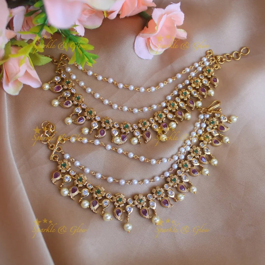 Elegant Gold alike Mango and Flower Earchain with Pearl - Sparkle and Glow