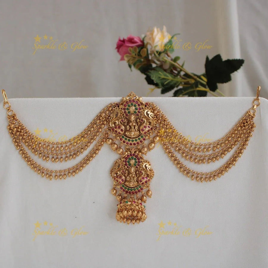 Beautiful Lakshmi With Peacock carved Premium Matte Jada billa with maatil - Sparkle and Glow