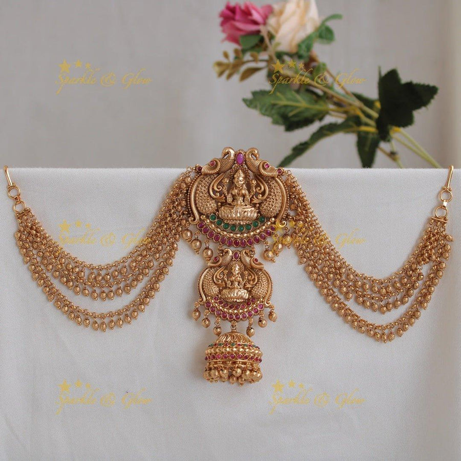 Elegent Lakshmi With Peacock carved Premium Matte Jada billa with maatil - Sparkle and Glow