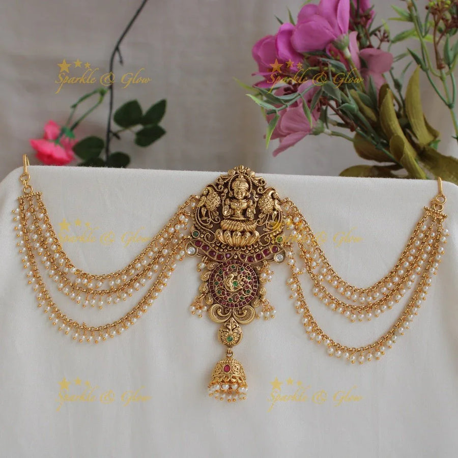 Intricate Lakshmi carved gold alike Jada billa with maatil - Sparkle and Glow