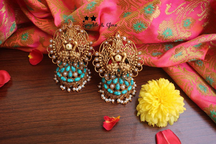 Peacock antique jhumukas with semi precious stones