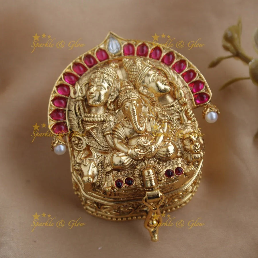 Gold alike Ganesha and Two Shiva Idol Kumkum box - Sparkle and Glow