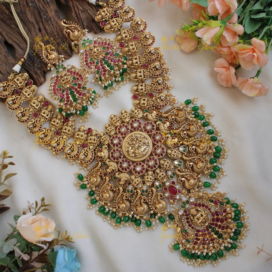 Grand intricately carved Lakshmi peacock kemp stone bridal long necklace with green beads - Sparkle and Glow