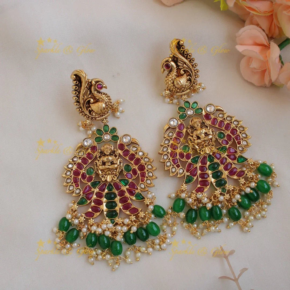 Grand intricately carved Lakshmi peacock kemp stone bridal long necklace with green beads - Sparkle and Glow