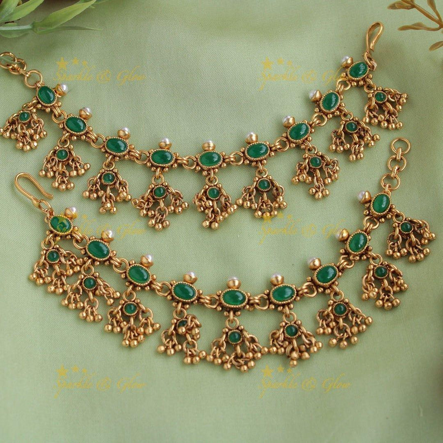 Gold alike Green Kemp Stone Earchain with Gold Beads - Sparkle and Glow