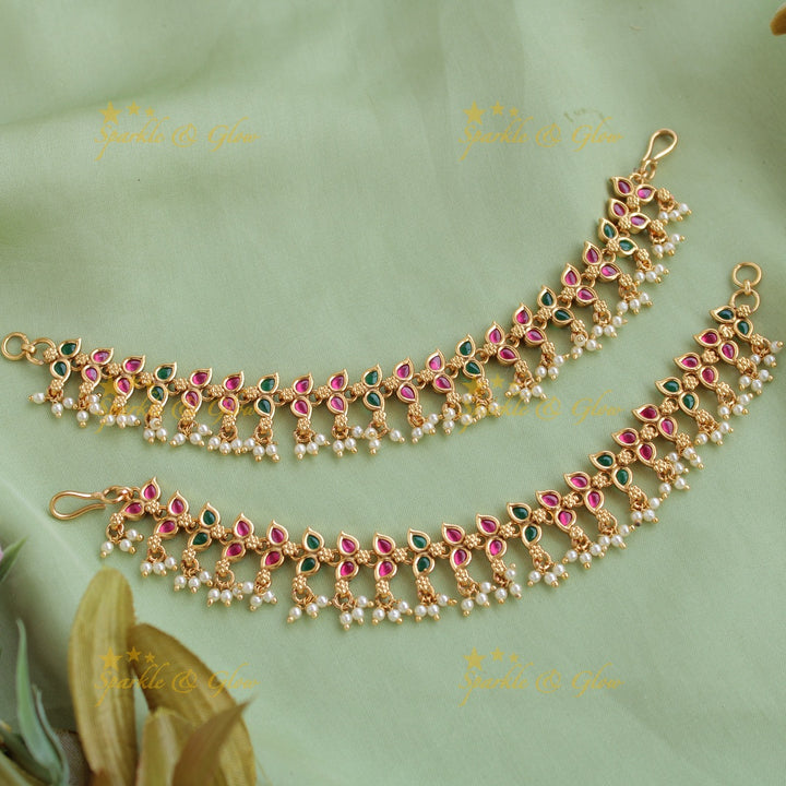 Elegant Gold alike leaf design with Green and Red Stones Earchain- Pearl Beads