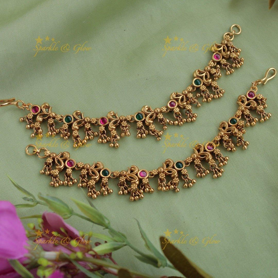 Stunning Gold alike Floral design with Green and Red Stones Earchain-Gold Beads - Sparkle and Glow