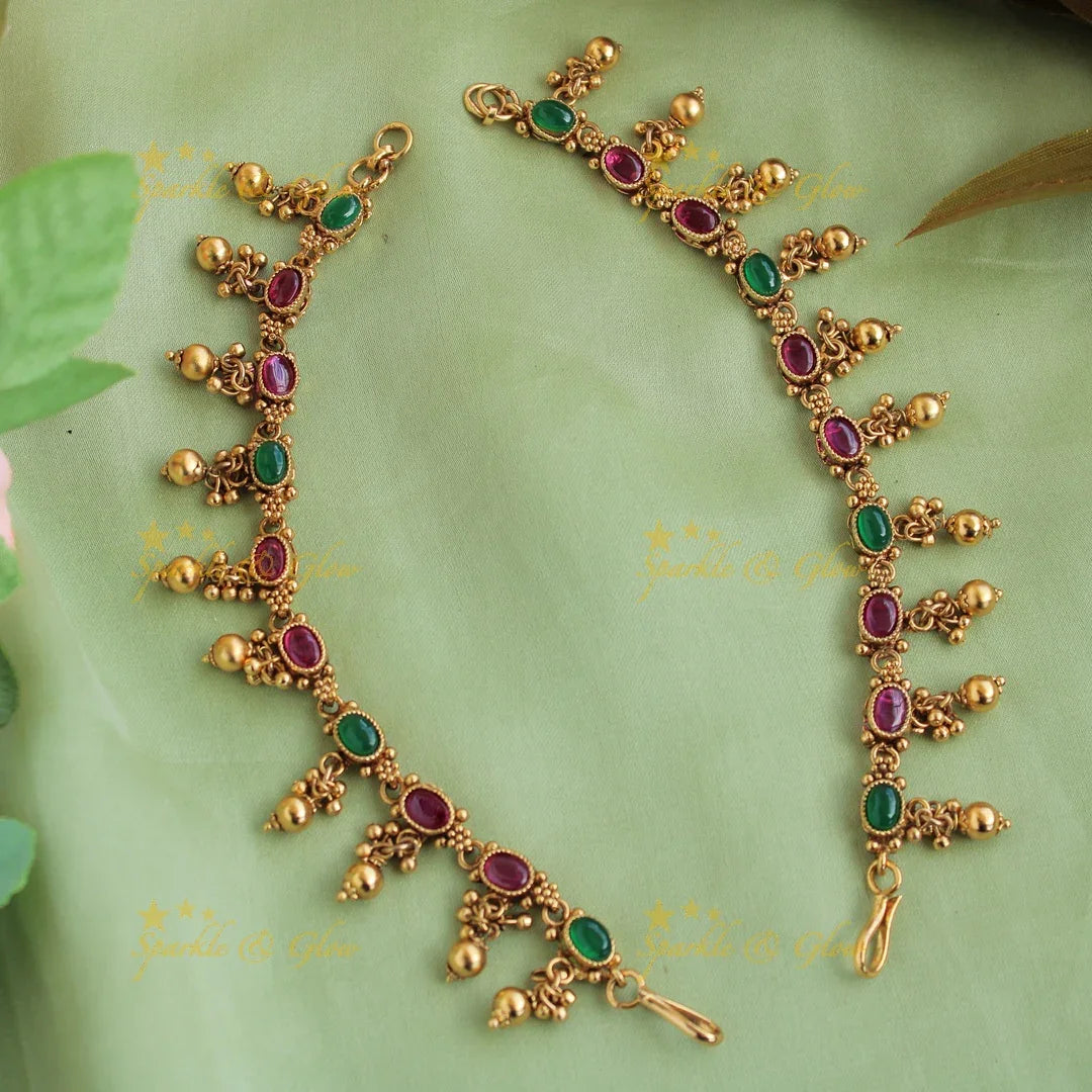 Premium Gold alike Red Kemp Stones Earchain with Gold and Pearl Beads - Sparkle and Glow