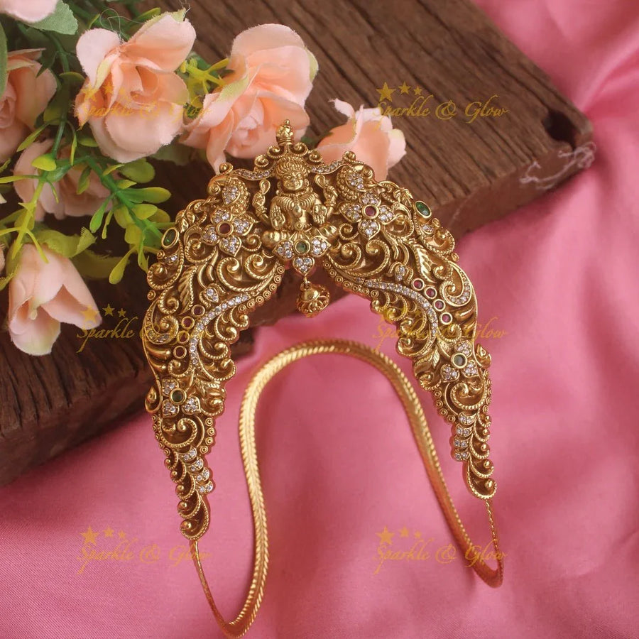 Grand intricate Lakshmi floral design U shaped vanki with multi colour stones, single pc - Sparkle and Glow