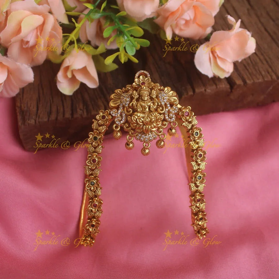 Grand intricate Gold alike lakshmi floral design carved U shapped vanki with multi colour stones,Single pc - Sparkle and Glow
