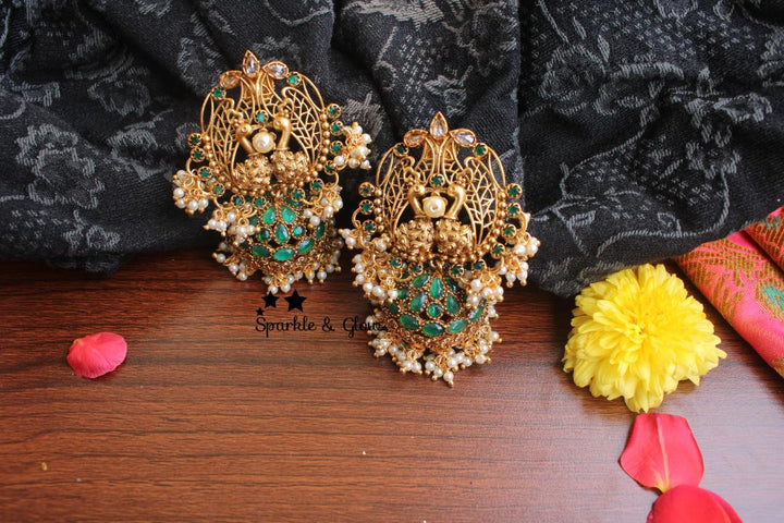 Peacock antique jhumukas with semi precious stones