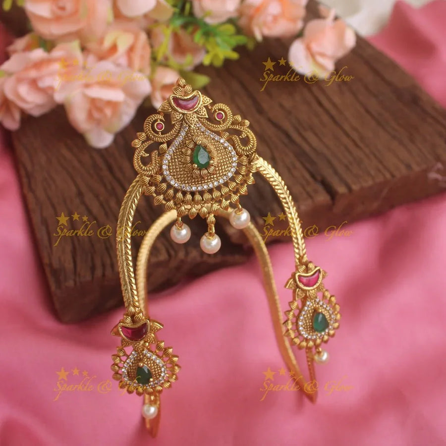 Beautiful Gold alike Simple Carved U shapped vanki with multi colour stones, Single pc - Sparkle and Glow