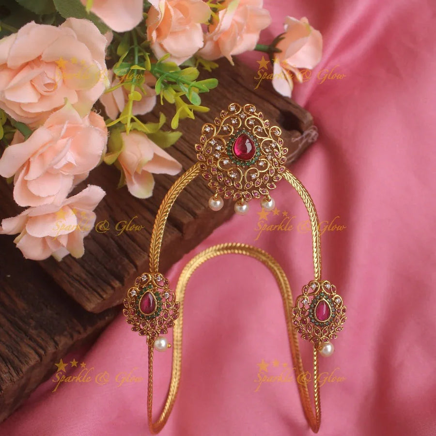Grand intricate Gold alike floral design carved U shapped vanki with multi colour stones,Single pc - Sparkle and Glow
